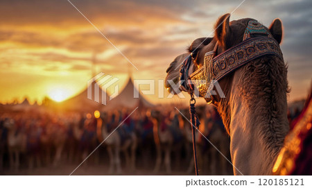 Decorated Camel in Traditional Harness at Sunset 120185121