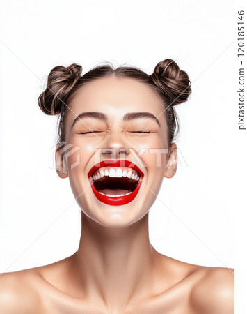 Laughing Woman with Bright Red Lipstick and Hair Buns 120185146