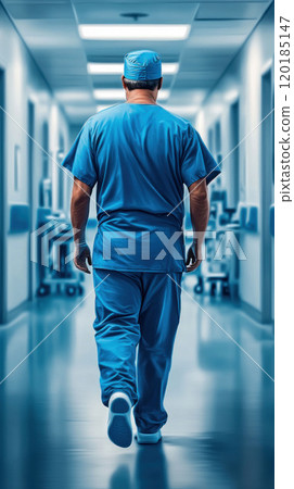 Back View of Surgeon Walking in Hospital Corridor 120185147