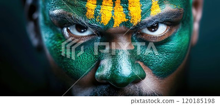 Close-Up of Person with Green and Yellow Face Paint 120185198