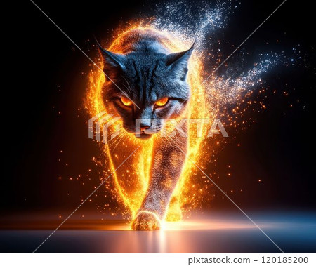 Fierce Cat Surrounded by Glowing Sparks and Fire 120185200