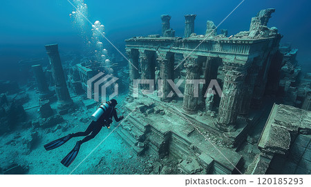 Ancient Egyptian temple underwater in sea, diver swims past old historic ruins in water. Theme of Egypt, antique, archeology, discovery 120185293