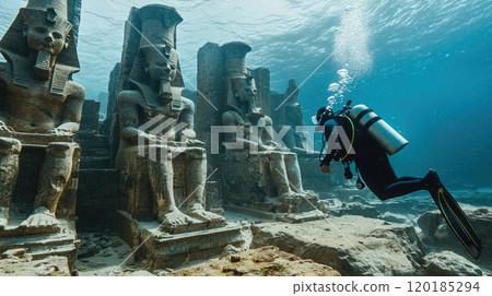 Ancient temple underwater in sea, diver swims past old Egyptian statues in water. Theme of Egypt, adventure, antique, archeology, discovery 120185294