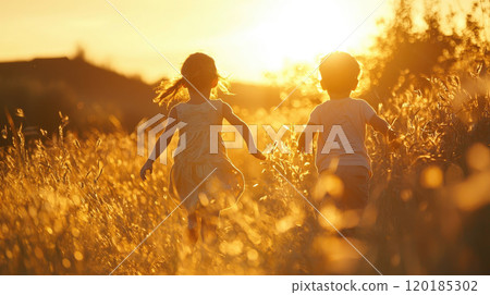 Kids running away at sunset, two happy children, boy and girl walks on meadow in summer, view of youth and sun. Theme of play, silhouette, field, people. Kids running away at sunset, two happy children, boy and girl walks on meadow in summer, view of youth and sun. Theme of play, silhouette, field, people. 120185302