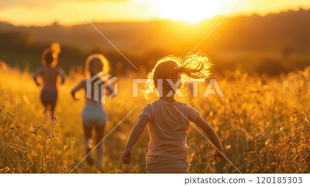 Kids running to sun at sunset, happy children, boys and girls play on meadow in summer. Theme of freedom, sky, field Kids running to sun at sunset, happy children, boys and girls play on meadow in summer. Theme of freedom, sky, field 120185303