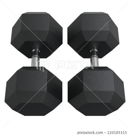 Blank Two Hex Dumbbells, weightlifting gym equipment, top view, Blank Two Hex Dumbbells, weightlifting gym equipment, top view, 120185315