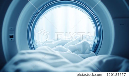 Washing Machine Door with White Clothes and Water Visible Inside 120185357