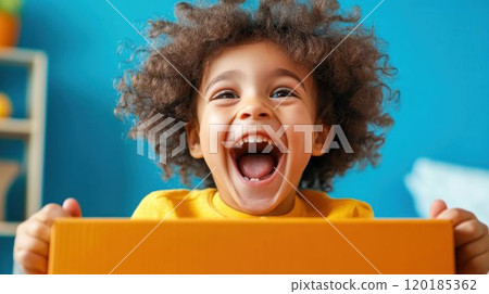 Excited Child Laughing with Open Mouth Indoors 120185362