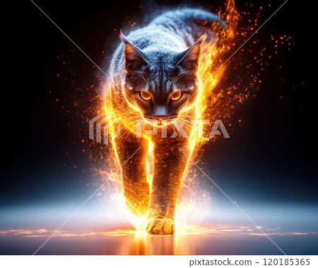 Fierce Cat Surrounded by Glowing Sparks and Fire 120185365