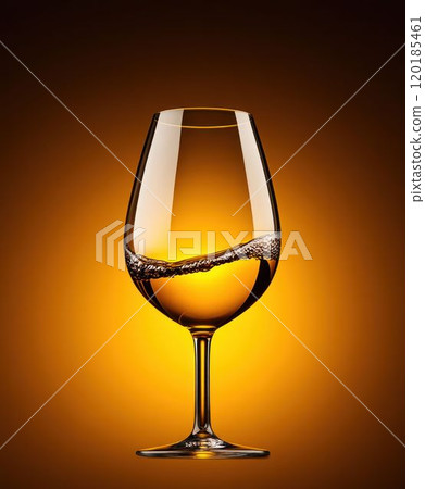 Wine Glass with Liquid Splash on Orange Background 120185461
