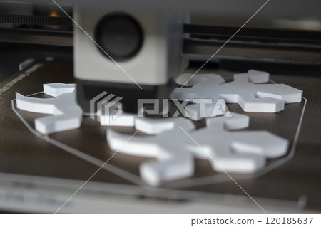 Process of printing on 3D printer. 3D printer creating model from molten plastic close-up. Molten plastic flowing of extruder and forming three-dimensional object white color. Additive technologies 120185637