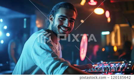 Young smiling DJ creating relaxing atmosphere with music in night club 120185642