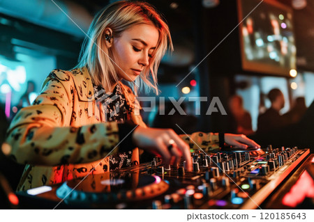 Young female DJ mixing music in night club Young female DJ mixing music in night club 120185643