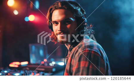 Portrait of young handsome DJ mixing music in night club Portrait of young handsome DJ mixing music in night club 120185644