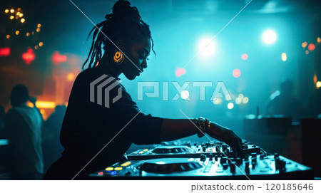 Young female DJ mixing music in night club Young female DJ mixing music in night club 120185646