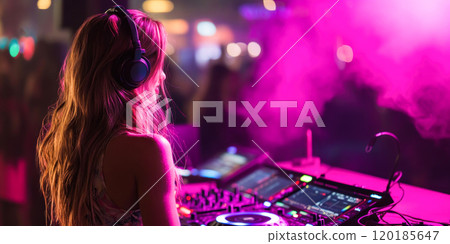 Young female DJ creating relaxing atmosphere with music in night club 120185647