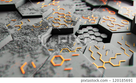Futuristic Hexagonal Surface with Orange Accents 120185691