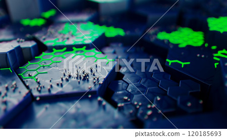 Futuristic Hexagonal Landscape with Neon Green Details 120185693