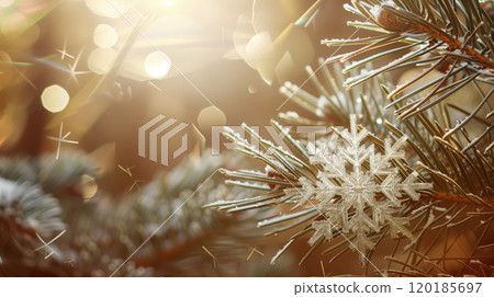 snowflake on a pine branch, detailed close-up against the backdrop of a frosty forest 120185697
