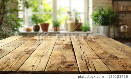Empty beautiful wood tabletop counter on interior in clean and blurry bright kitchen background 120185716