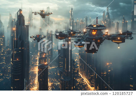 futuristic city of the future with flying cars and skyscrapers 120185727