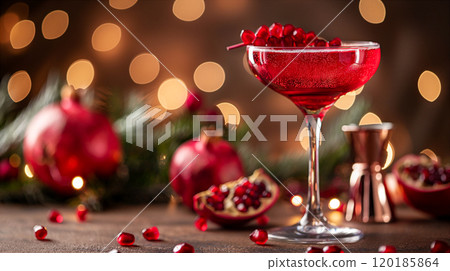 Pomegranate cocktail served in elegant glassware for festive winter holidays. Generative AI 120185864