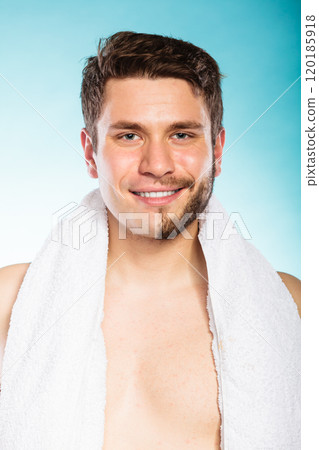 Happy man with half shaved face beard hair. 120185918