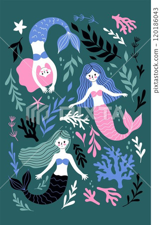 Postcard or poster with cute mermaids, corals and seaweed. Vector graphics. 120186043