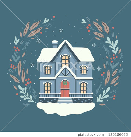 Blue winter house in a wreath of winter branches. Vector graphics. Blue winter house in a wreath of winter branches. Vector graphics. 120186053