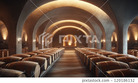 Oak wine barrels aging in a traditional cellar, creating a captivating perspective 120186132