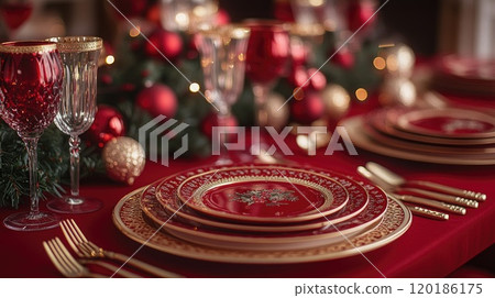 Elegant christmas table setting with red and gold dishes and decorations 120186175