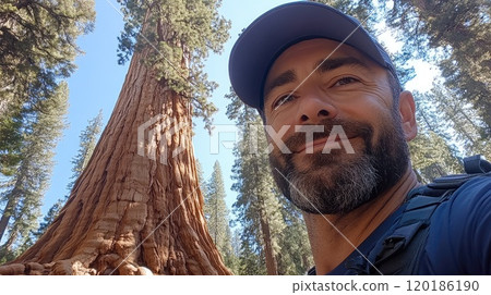 Hiker smiling near giant sequoia in sequoia national park 120186190
