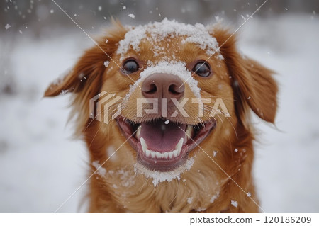 Happy brown dog enjoying snowfall, smiling with snow on its nose and head 120186209