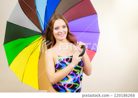 Happy woman posing in swimsuit and colorful umbrella 120186268