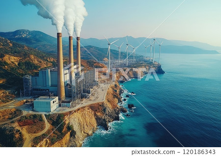Power plant emitting smoke and wind turbines generating clean energy on coast 120186343