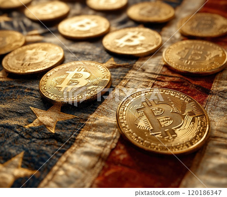 Golden bitcoins resting on united states flag: cryptocurrency and american economy 120186347