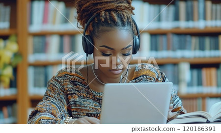 Young black student wearing headphones studying on laptop in library 120186391