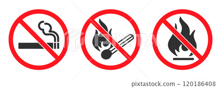 No open fire, no smoking icon symbol. No open flame sparkle logo sign. Not allowed, do not make fire. Prohibition, Prohibited, forbidden. Vector illustration. Isolated on white background. No open fire, no smoking icon symbol. No open flame sparkle logo sign. Not allowed, do not make fire. Prohibition, Prohibited, forbidden. Vector illustration. Isolated on white background. 120186408