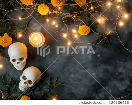 Day of the Dead altar with marigold flowers 120186416