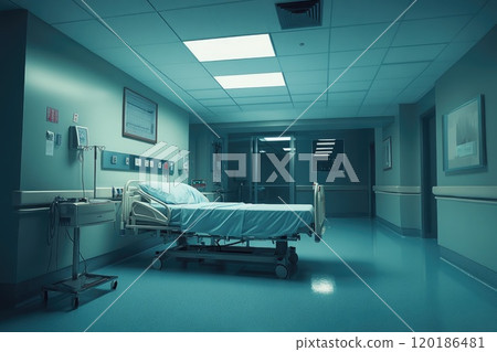 Empty hospital bed standing in a deserted hospital corridor at night 120186481