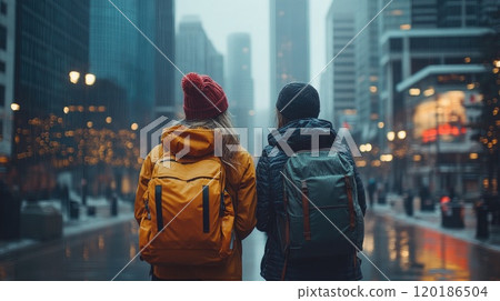 Two tourists walking in chicago downtown under the rain 120186504