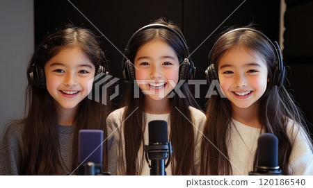 Three young girls recording a podcast together with headphones and microphones 120186540