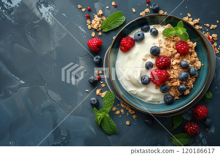 breakfast plate with greek yogurt, fresh berries, granola and mint leaves 120186617