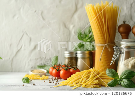Kitchen utensils and pasta on the kitchen table with tomatoes and herbs 120186676