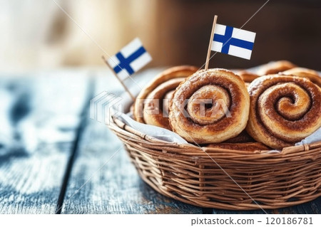 A wicker basket filled with warm cinnamon rolls, adorned with small Finnish flags, placed on a weathered wooden surface. 120186781