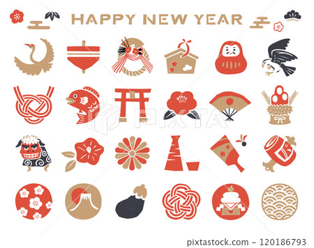 Retro Japanese style New Year icon set 120186793