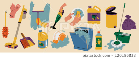 A set of elements for home cleaning. Cleaning and housekeeping tools. 120186838