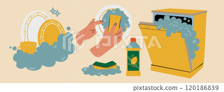 Washing dishes. Detergent, sponge, dishwasher. Hands wash the plate. A set of dishes in soap foam. 120186839