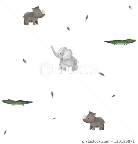 Seamless pattern with leaves and african animals rhinoceros and elephant for children's design. Hand drawn illustration crocodile Cute Print for childish textile design or wallpaper 120186871