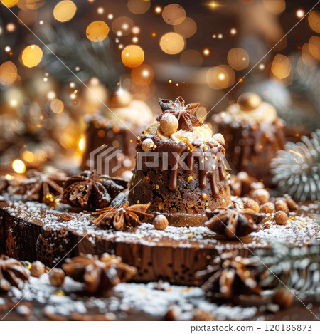 Festive cake with christmas decoration 120186873